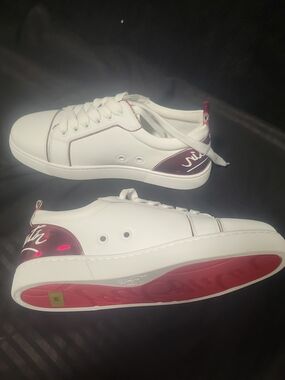 Christian Louboutin White Low-Top Sneakers with Pink Accents and Red Sole